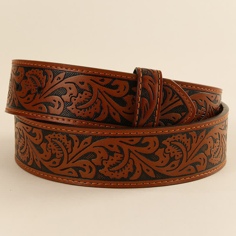Sangle de ceinture en cuir à motif floral occidental en relief, sans boucle - Brun - 46 - image 7