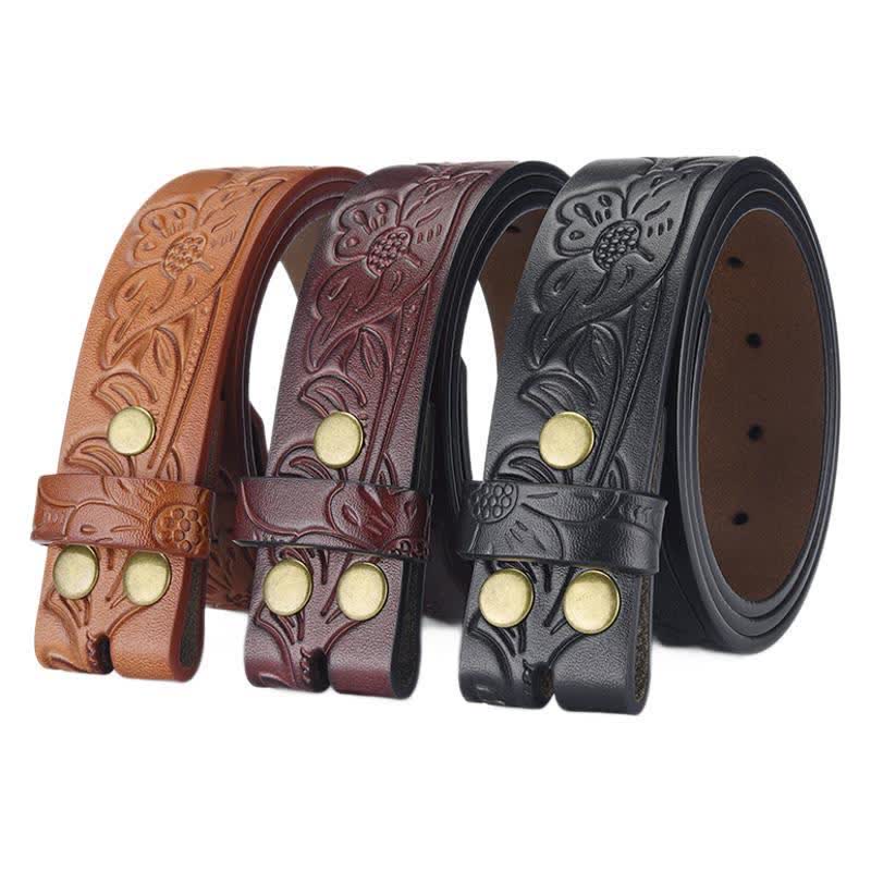 Sangle de ceinture en cuir à motif floral punk en relief sans boucle