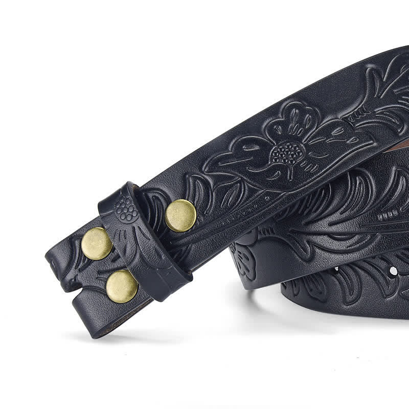Sangle de ceinture en cuir à motif floral punk en relief sans boucle
