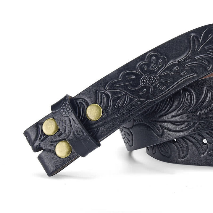 Sangle de ceinture en cuir à motif floral punk en relief sans boucle