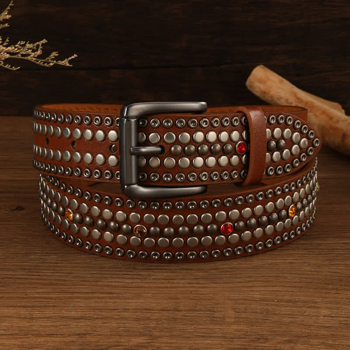 Ceinture en cuir argentée à rivets ronds et cristaux tendance