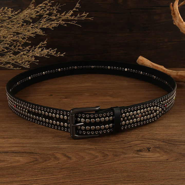 Ceinture en cuir argentée à rivets ronds et cristaux tendance