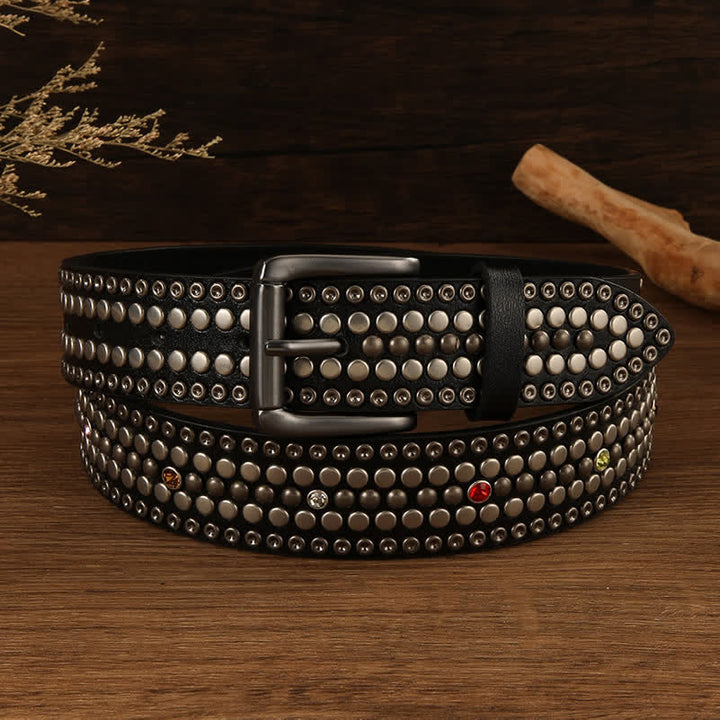 Ceinture en cuir argentée à rivets ronds et cristaux tendance