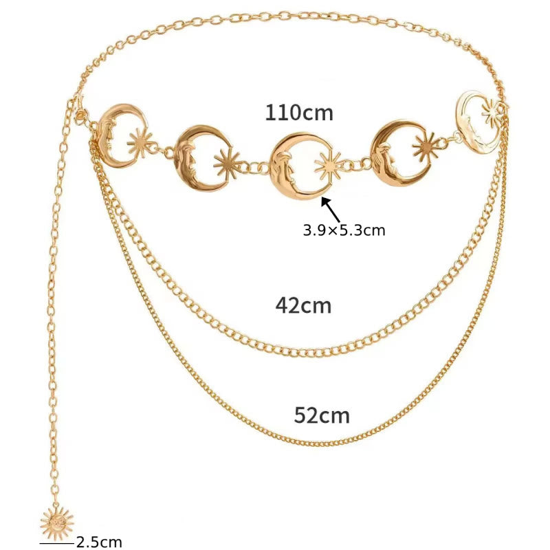 Ceinture en métal avec chaîne lune et étoile pour femme