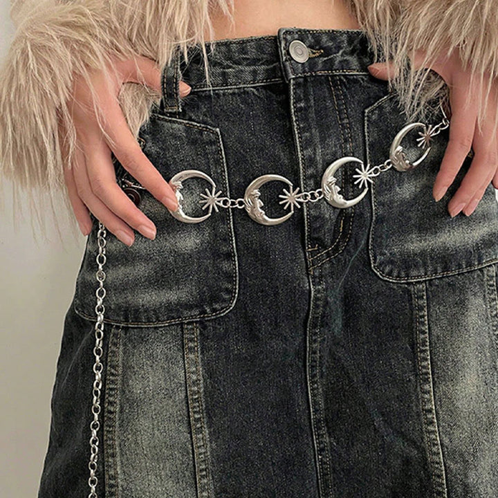 Ceinture en métal avec chaîne lune et étoile pour femme