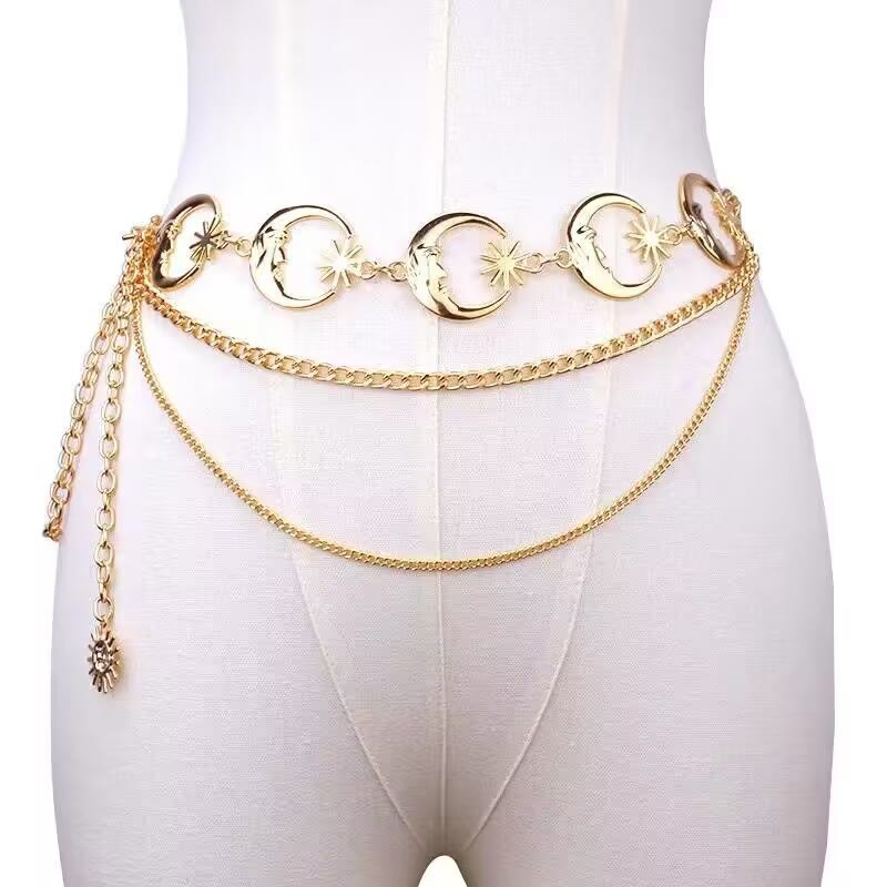 Ceinture en métal avec chaîne lune et étoile pour femme