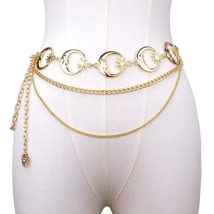 Ceinture en métal avec chaîne lune et étoile pour femme