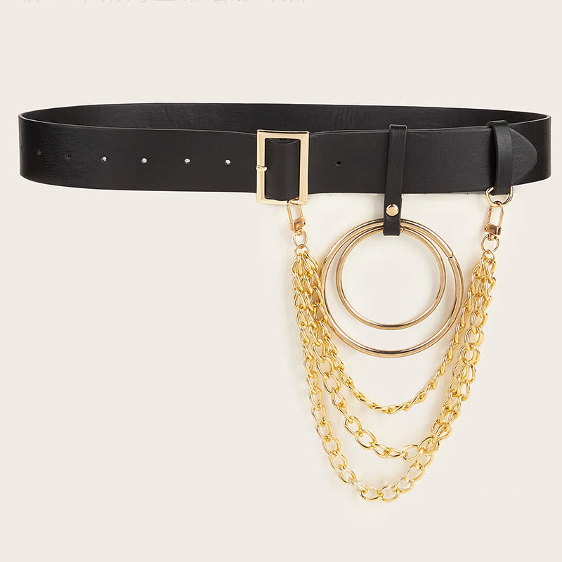 Ceinture punk en cuir avec anneau rond et chaîne en métal