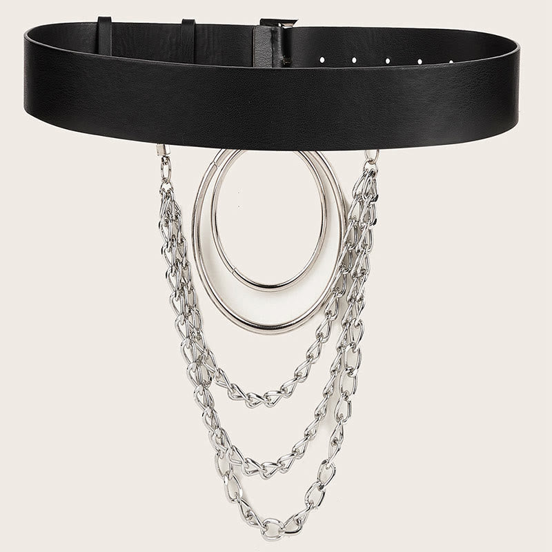 Ceinture punk en cuir avec anneau rond et chaîne en métal