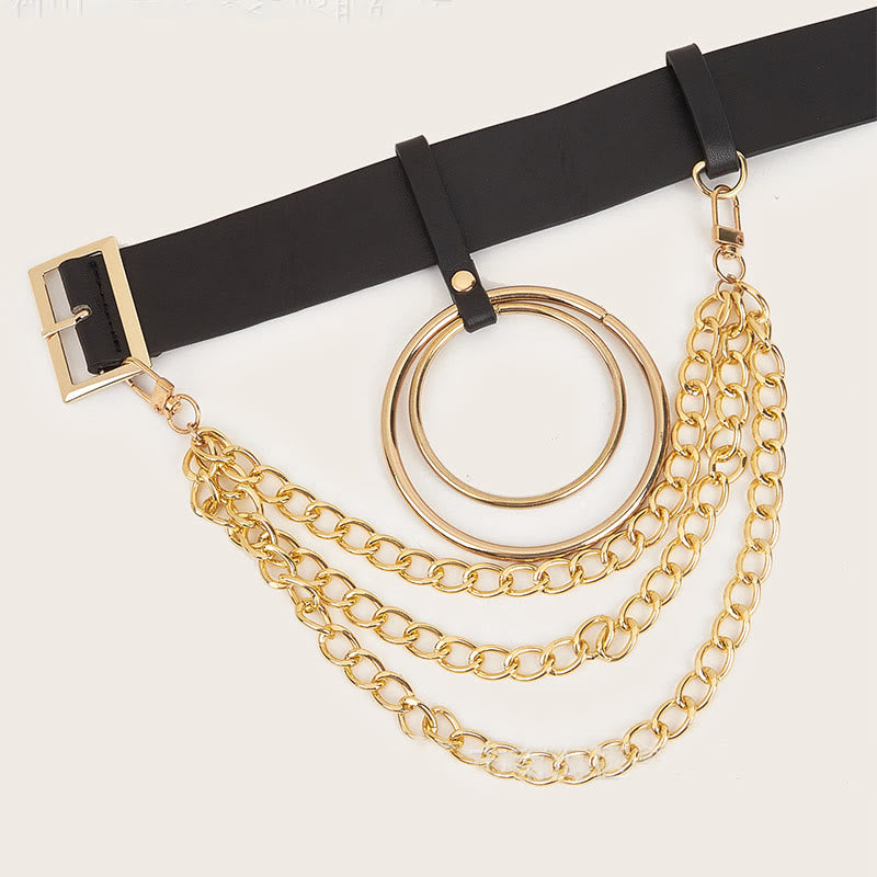 Ceinture punk en cuir avec anneau rond et chaîne en métal