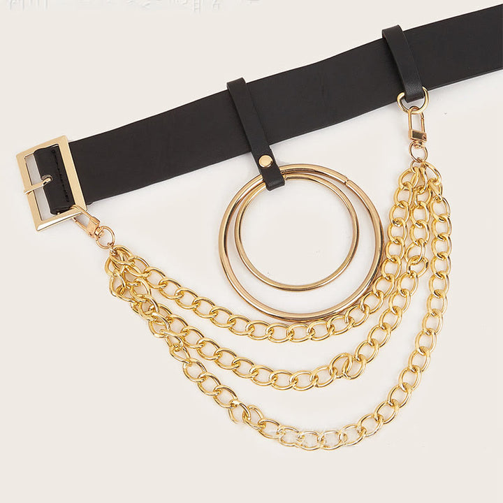 Ceinture punk en cuir avec anneau rond et chaîne en métal