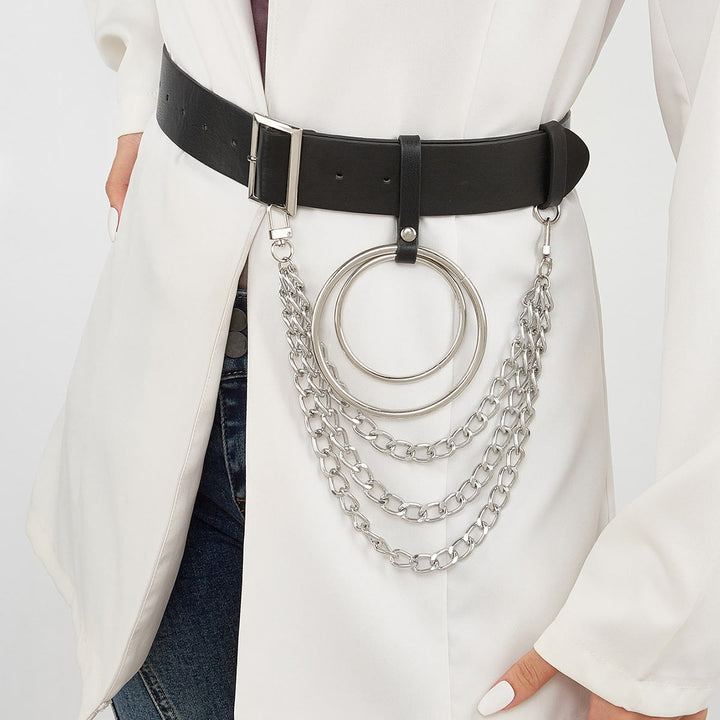 Ceinture punk en cuir avec anneau rond et chaîne en métal