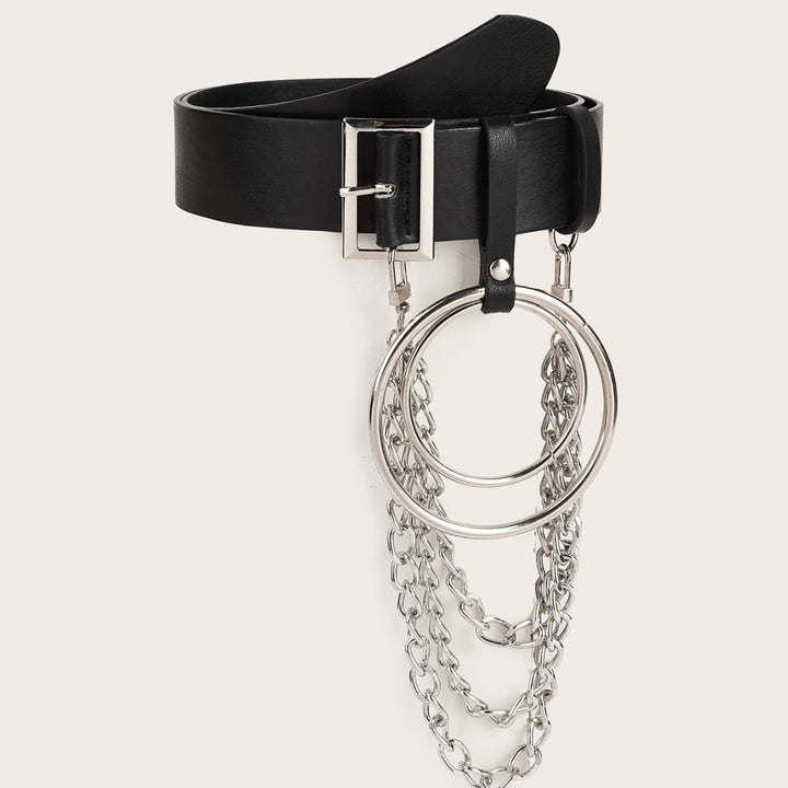 Ceinture punk en cuir avec anneau rond et chaîne en métal
