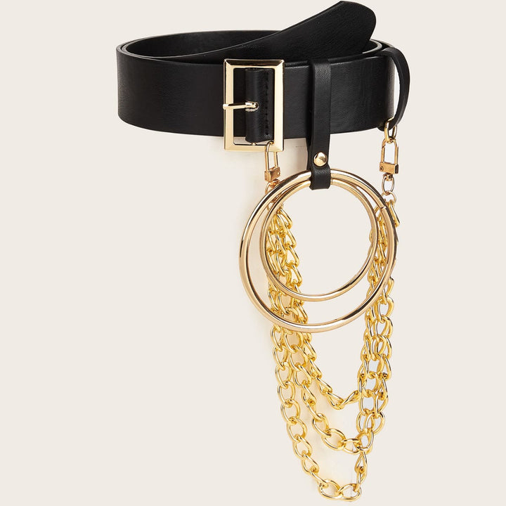 Ceinture punk en cuir avec anneau rond et chaîne en métal
