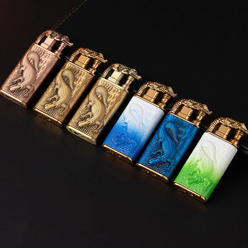 Briquet butane rechargeable à double flamme avec tête d'alligator en relief