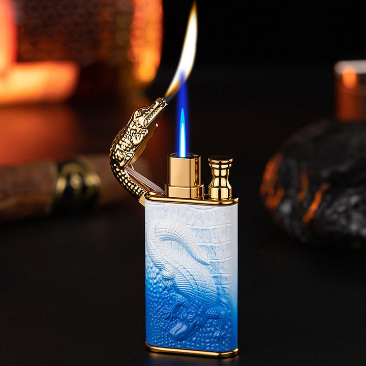 Briquet butane rechargeable à double flamme avec tête d'alligator en relief