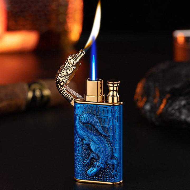 Briquet butane rechargeable à double flamme avec tête d'alligator en relief
