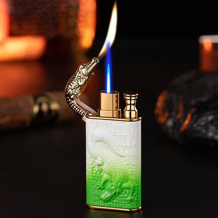Briquet butane rechargeable à double flamme avec tête d'alligator en relief
