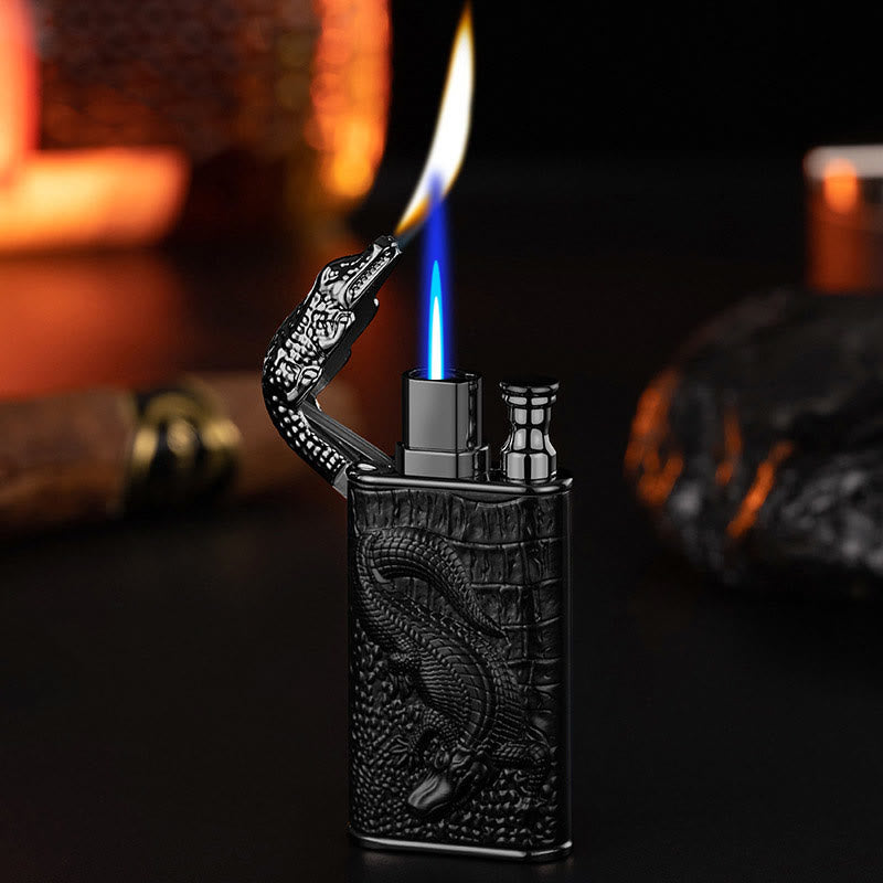 Briquet butane rechargeable à double flamme avec tête d'alligator en relief