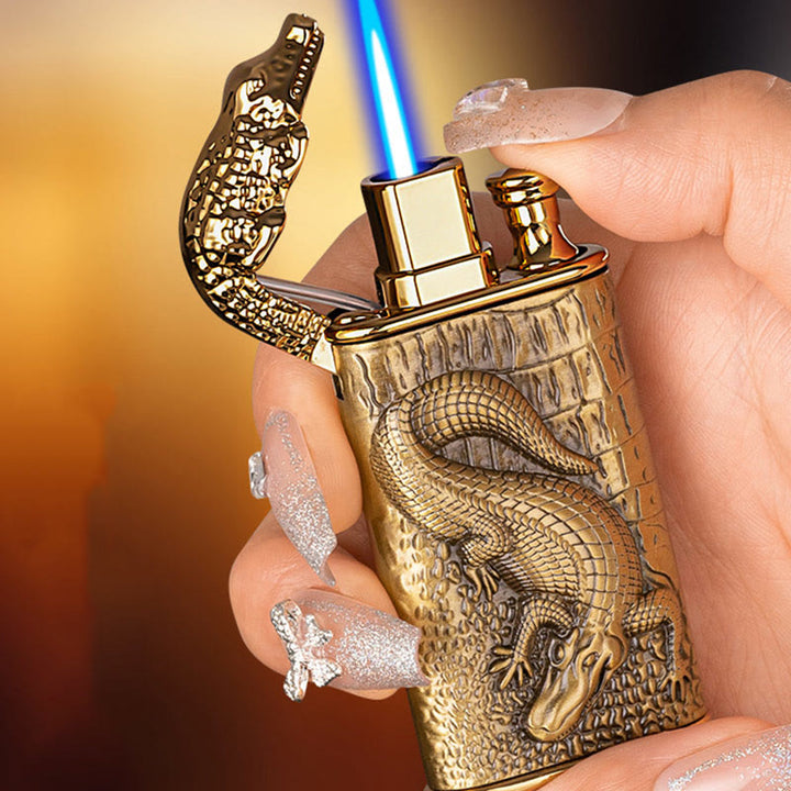 Briquet butane rechargeable à double flamme avec tête d'alligator en relief