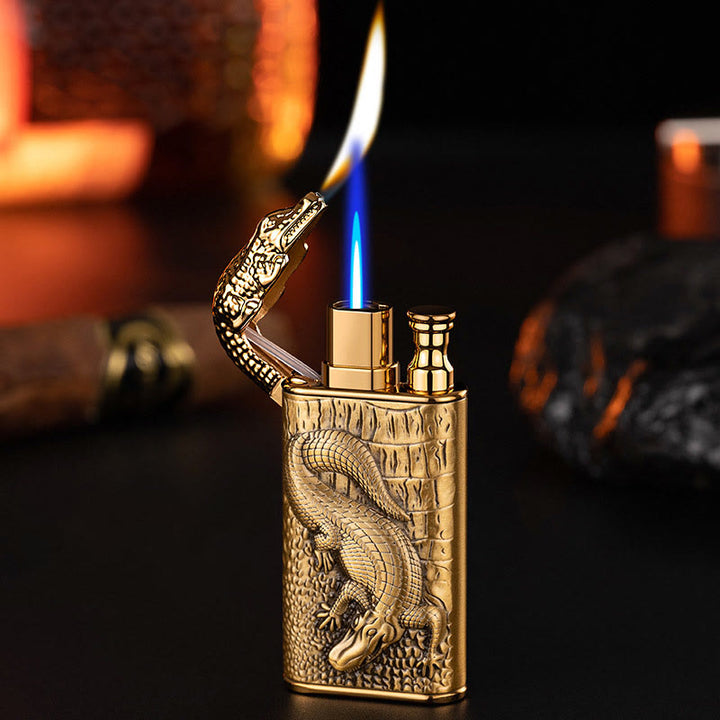 Briquet butane rechargeable à double flamme avec tête d'alligator en relief