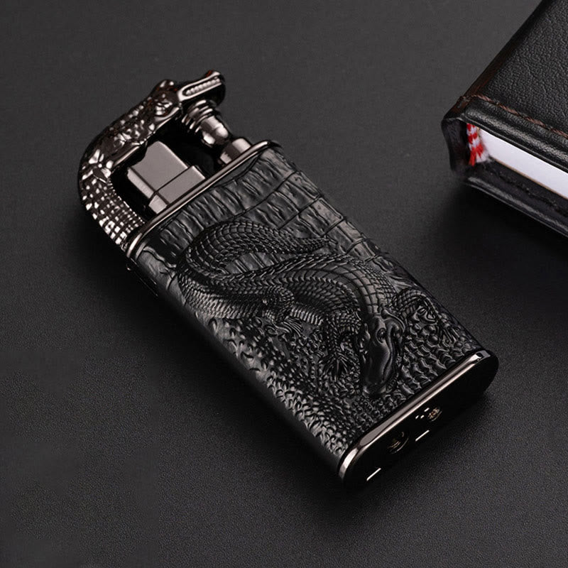 Briquet butane rechargeable à double flamme avec tête d'alligator en relief