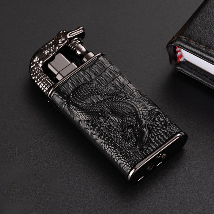 Briquet butane rechargeable à double flamme avec tête d'alligator en relief
