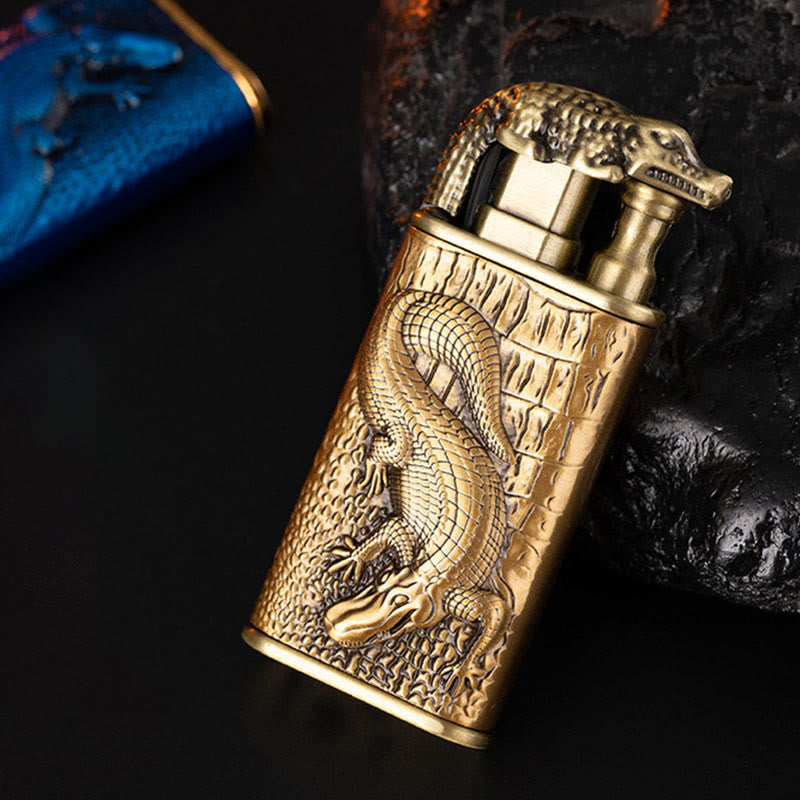 Briquet butane rechargeable à double flamme avec tête d'alligator en relief