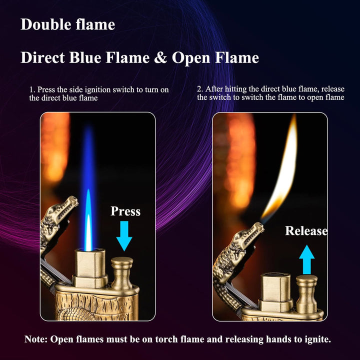 Briquet butane rechargeable à double flamme avec tête d'alligator en relief