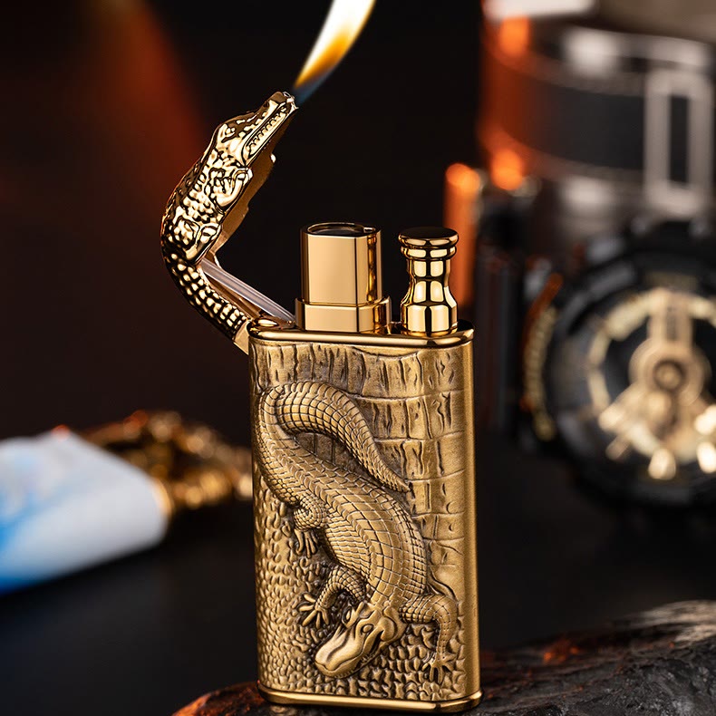 Briquet butane rechargeable à double flamme avec tête d'alligator en relief