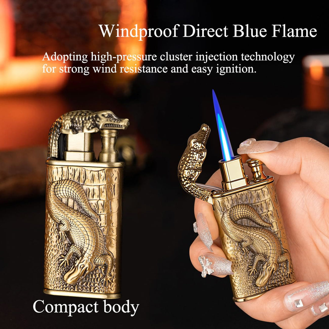 Briquet butane rechargeable à double flamme avec tête d'alligator en relief