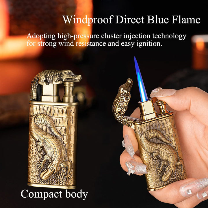 Briquet butane rechargeable à double flamme avec tête d'alligator en relief