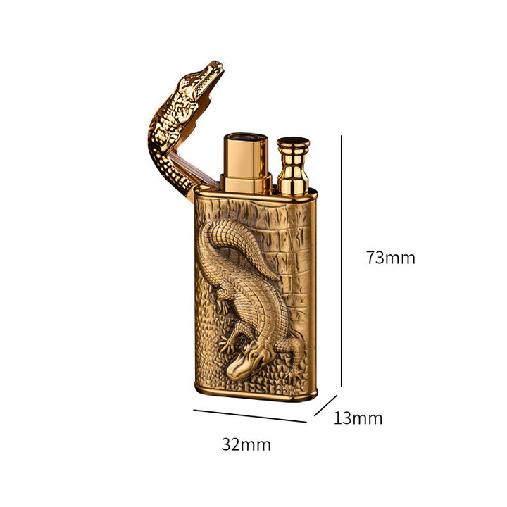 Briquet butane rechargeable à double flamme avec tête d'alligator en relief