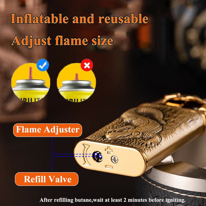 Briquet butane rechargeable à double flamme avec tête d'alligator en relief