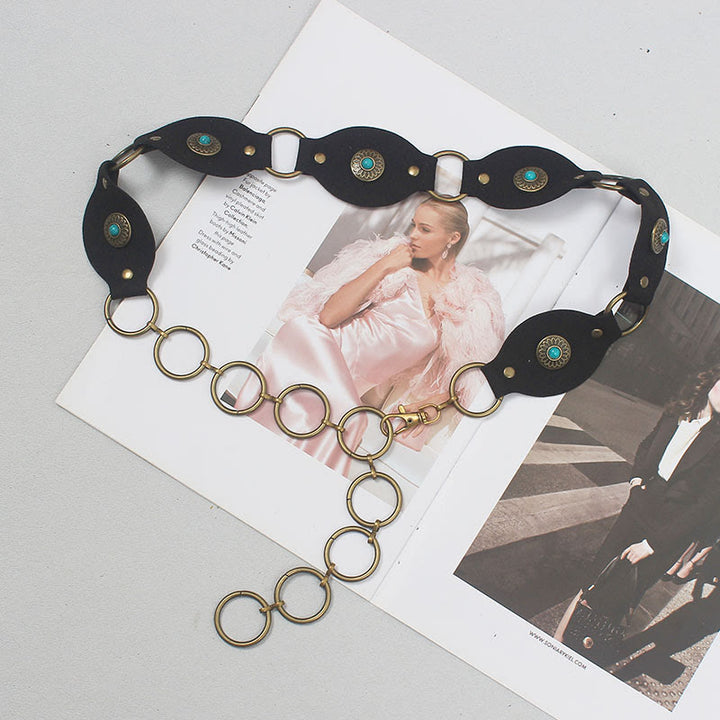 Ceinture vintage turquoise à rivets et fermoir en métal