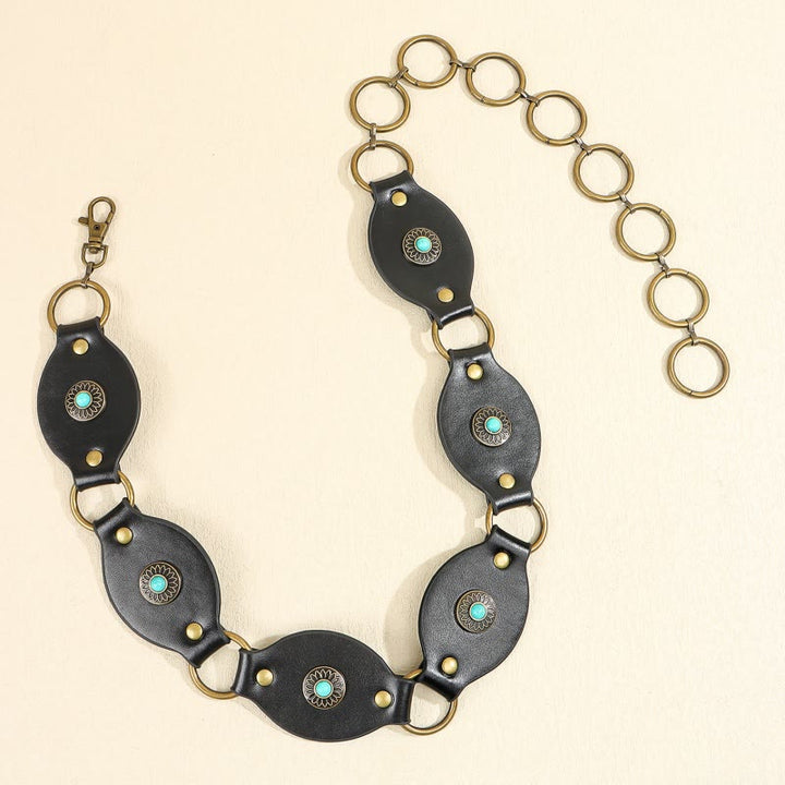 Ceinture vintage turquoise à rivets et fermoir en métal