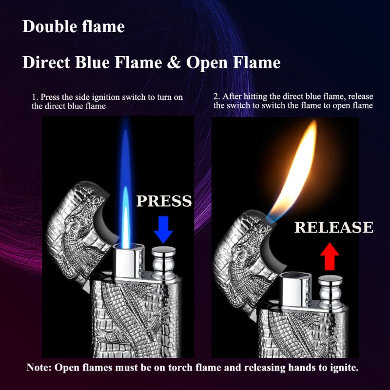 Briquet butane rechargeable à double flamme en relief motif crocodile sauvage