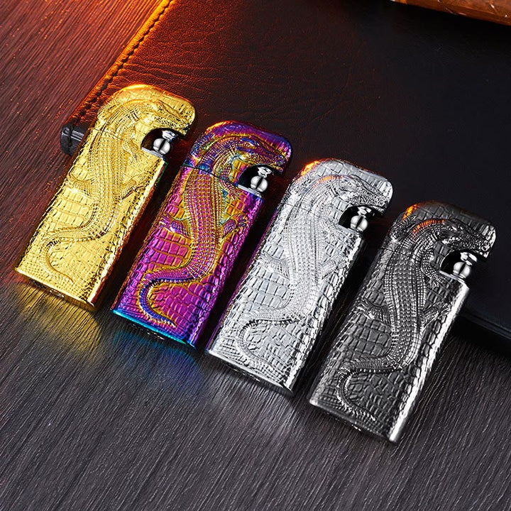 Briquet butane rechargeable à double flamme en relief motif crocodile sauvage