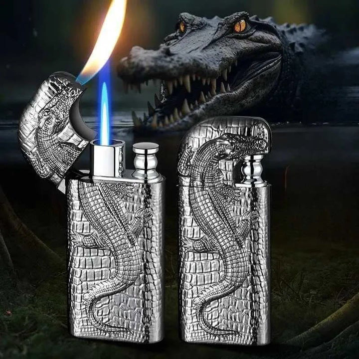 Briquet butane rechargeable à double flamme en relief motif crocodile sauvage