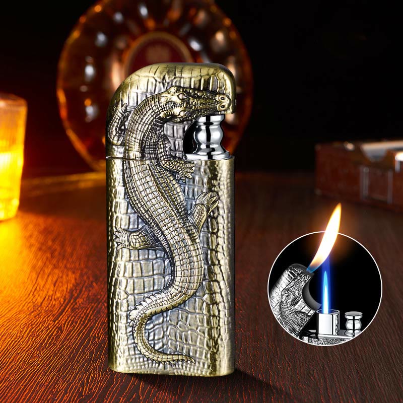 Briquet butane rechargeable à double flamme en relief motif crocodile sauvage