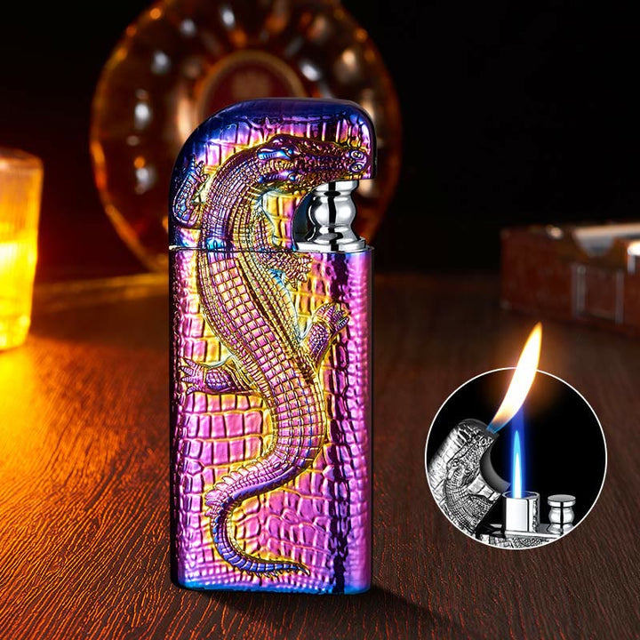 Briquet butane rechargeable à double flamme en relief motif crocodile sauvage