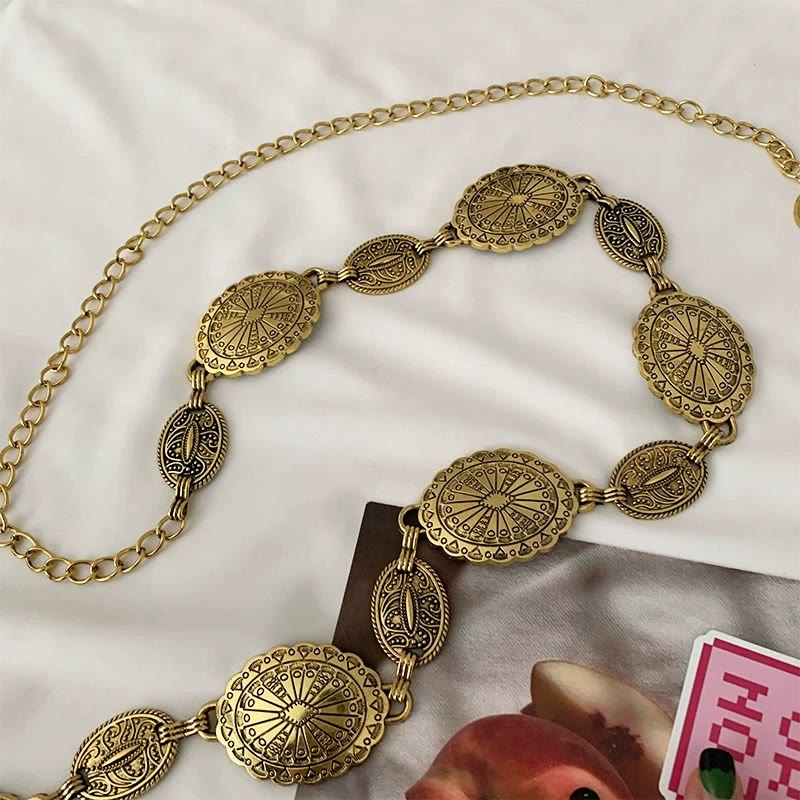 Ceinture en chaîne bohème sculptée ethnique vintage en métal