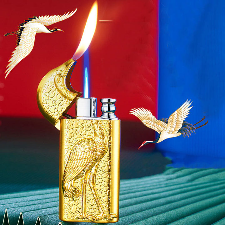 Briquet au butane rechargeable à double flamme en relief Grus Japonensis