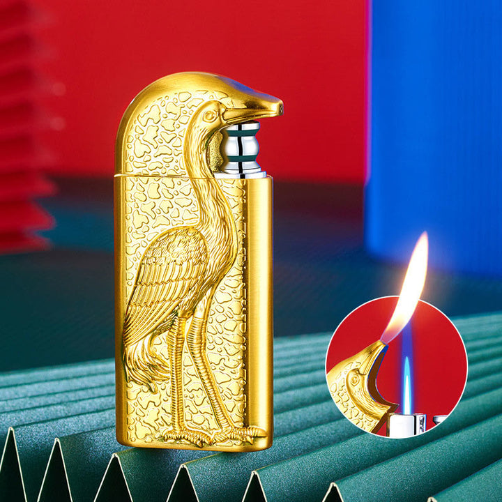 Briquet au butane rechargeable à double flamme en relief Grus Japonensis