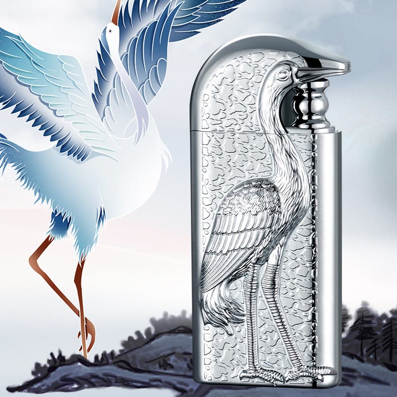 Briquet au butane rechargeable à double flamme en relief Grus Japonensis