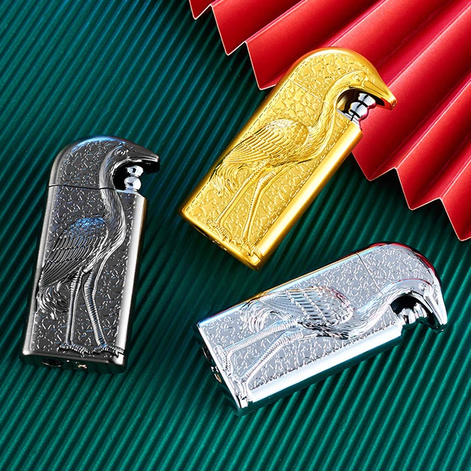 Briquet au butane rechargeable à double flamme en relief Grus Japonensis