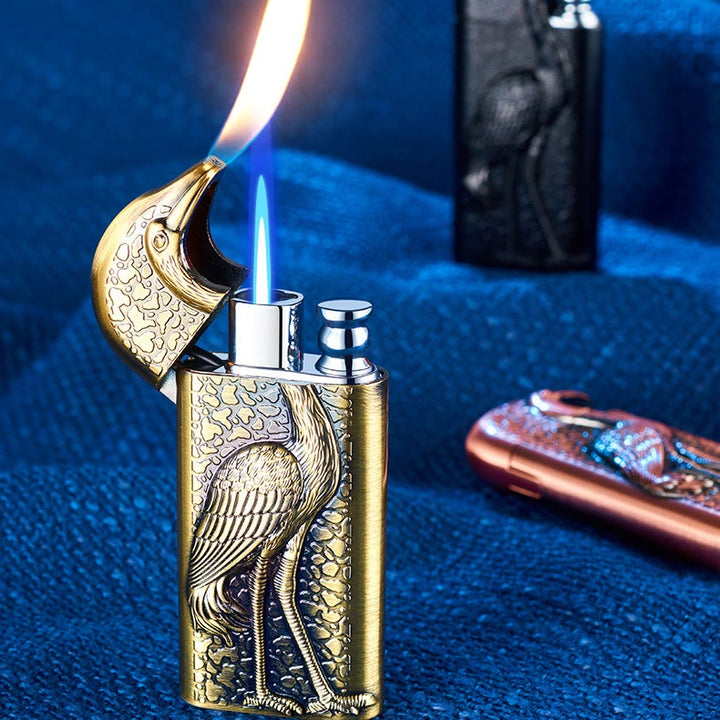 Briquet au butane rechargeable à double flamme en relief Grus Japonensis