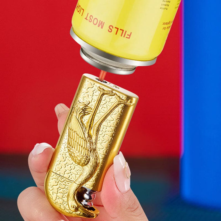 Briquet au butane rechargeable à double flamme en relief Grus Japonensis