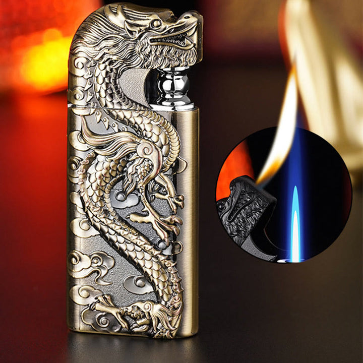 Briquet au butane rechargeable à double flamme en relief Vivid Dragon