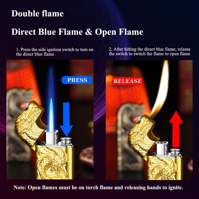Briquet au butane rechargeable à double flamme en relief Vivid Dragon